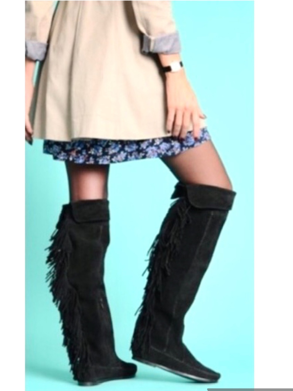 Minnetonka Over The Knee Fringe Boots Suede Black Women’s Size 9